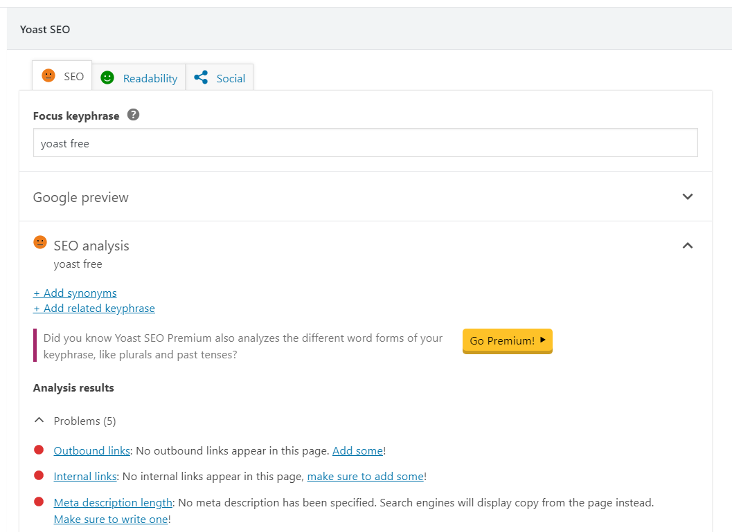 Yoast SEO Free Focus Key Phrase